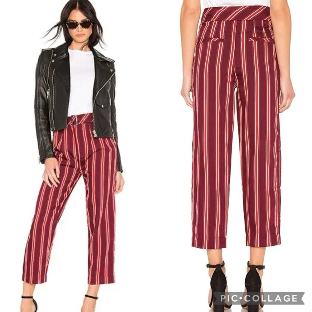 Free People Seemed Like Stripe Belted Crop Pant in Burgundy/Red Sz 2 Office Boho